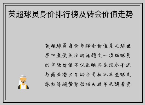 英超球员身价排行榜及转会价值走势